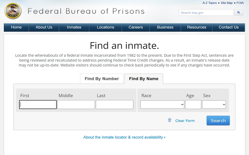 A screenshot from the Federal Bureau of Prisons website showing the find an inmate page that displays the find by name tab with fields for full name, race, age and sex.