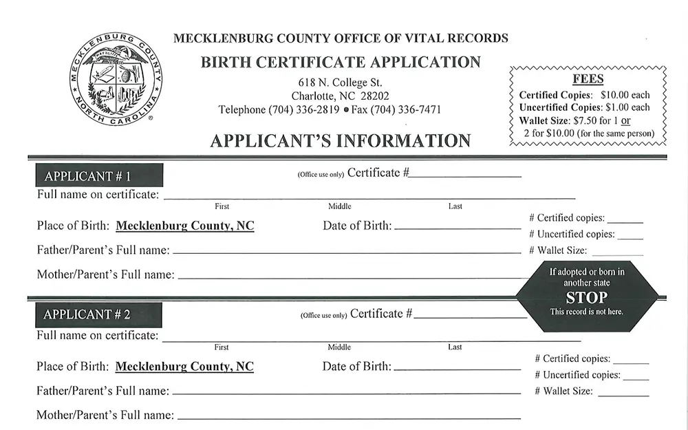 A screenshot of a Mecklenburg County Office of Vital Records' birth certificate application form that displays fields for applicant's information such as full name, place of birth, parent's name, and certificate number.