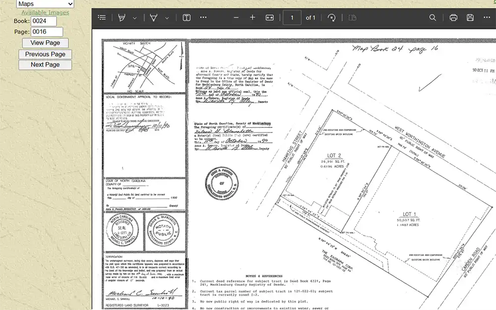 A screenshot from the Mecklenburg County Register of Deeds Historical Land Records access site showing the search for maps book 0024, page 0016 that displays the site map plan.