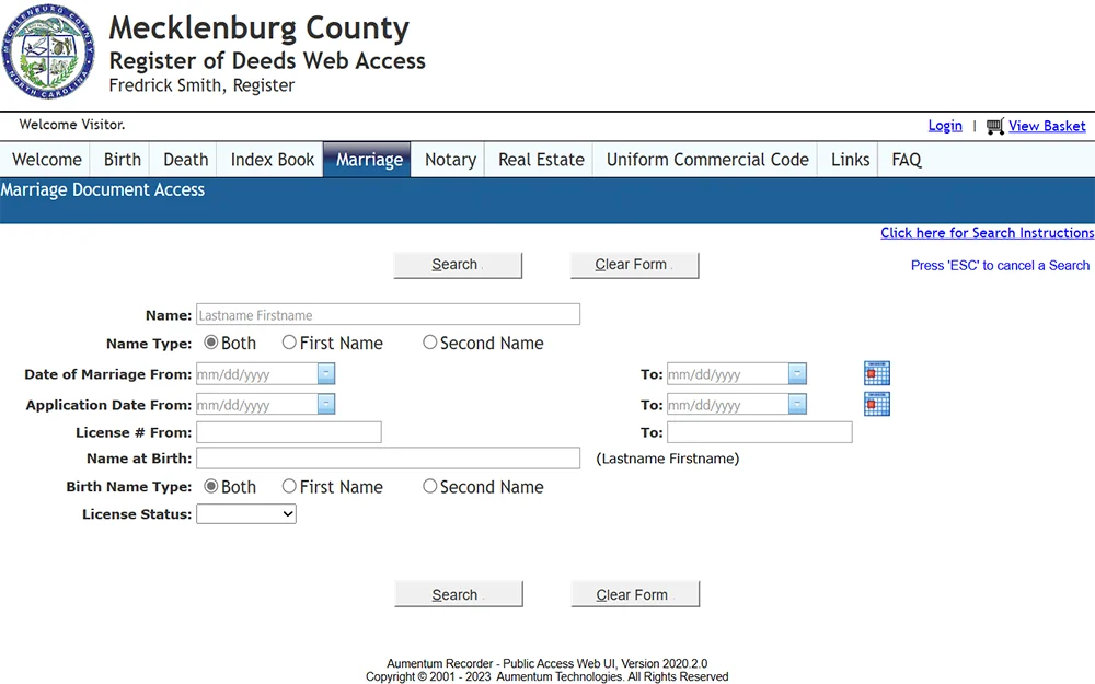 A screenshot from the Mecklenburg County register of deeds web access showing the marriage document search page displaying a search form with empty fields for name, name type, date of marriage, application date, license number, name at birth, birth name type and license type.