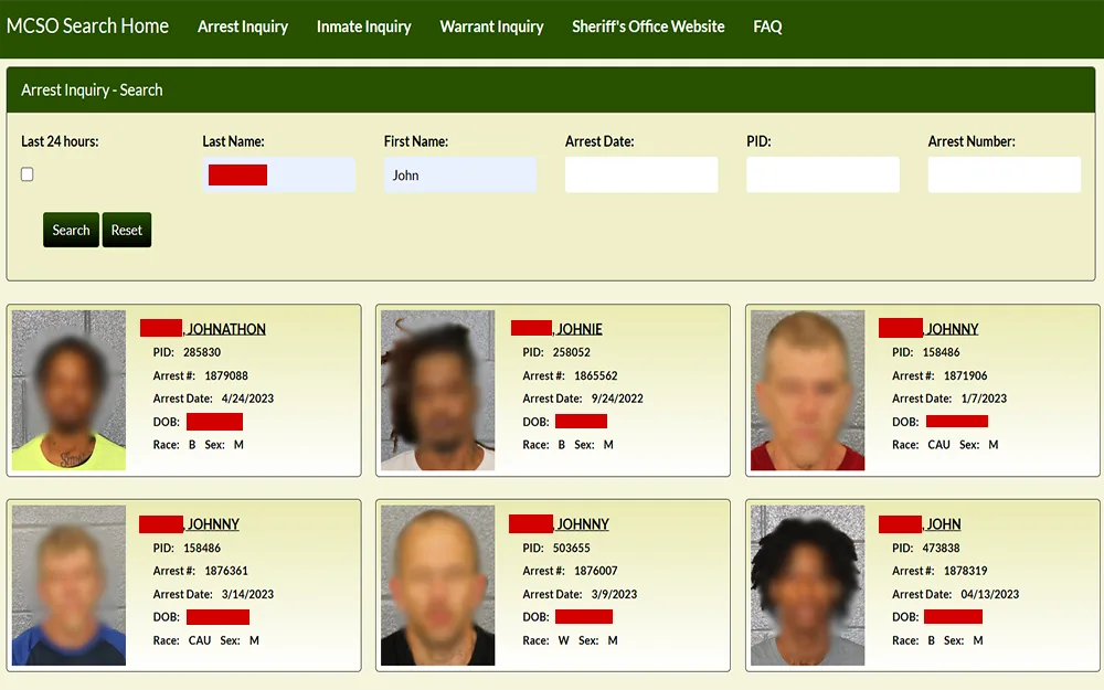 A screenshot from the Mecklenburg County Sheriff's office website showing the arrest inquiry search page displaying a search bar with fields for full name, arrest date, PID number and arrest number, and below the search box are six search results that includes information such as full name, PID and arrest number, arrest date, date of birth, race, sex, and mugshots.