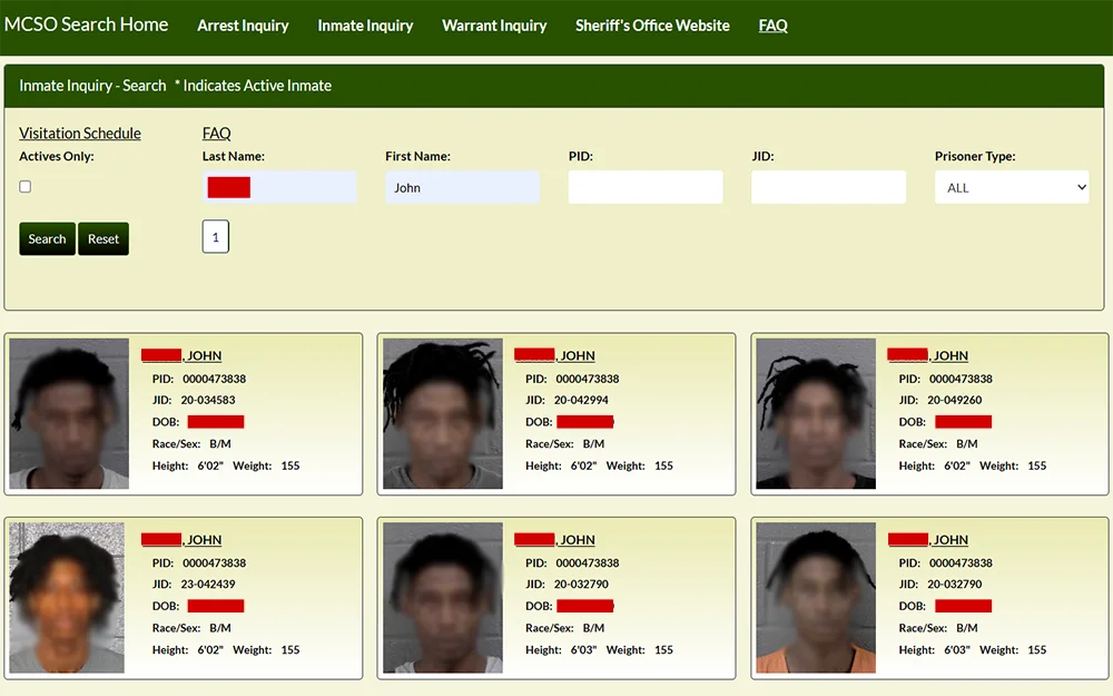 A screenshot from the Mecklenburg County Sheriff's Office website showing the inmate inquiry search page that displays a search bar on top and below are six search results that include information such as inmate name, PID number, JID number, date of birth, race, sex, height and weight, and mugshots.