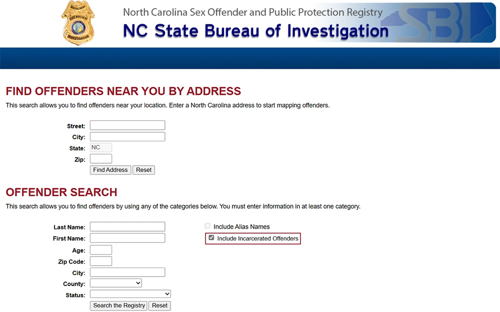 A screenshot from the North Carolina State Bureau of Investigation website showing the offender registry page that displays offender search criteria.