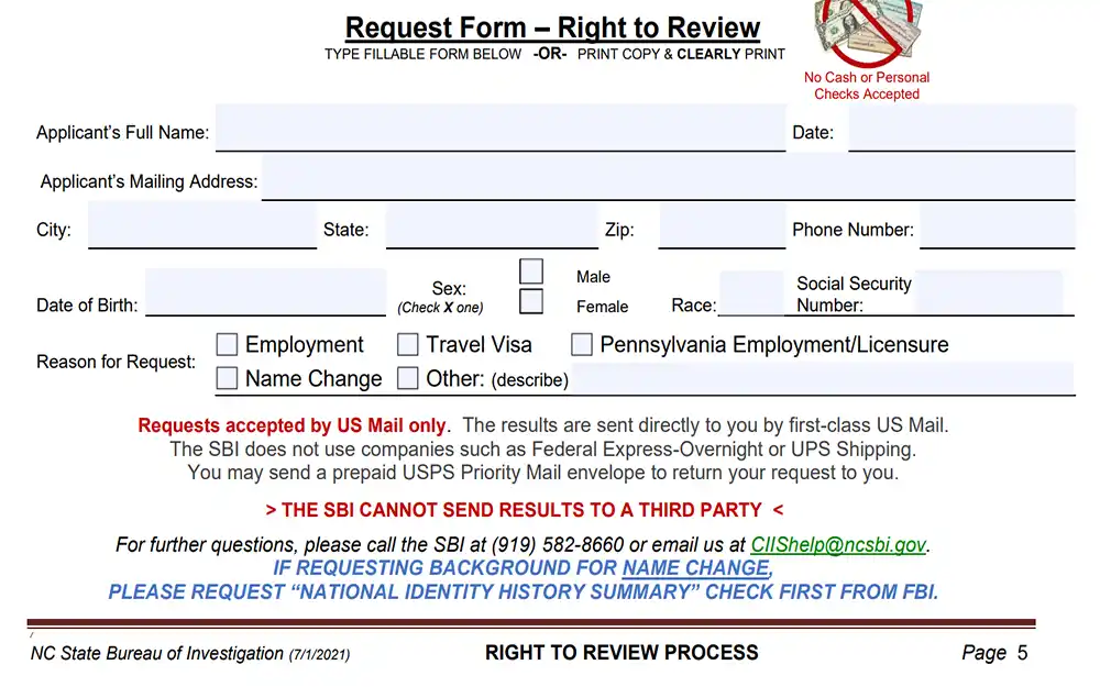 A screenshot from the North Carolina State Bureau of Investigation's Right to Review Process instructions that displays the request form with fields for the applicant's information such as name, address, date of birth, and reason for request.