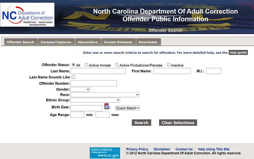 A screenshot from the North Carolina Department of Adult Correction offender public information website showing the offender search page that displays a search criterion with fields for name, offender number, gender, race, and birth date.