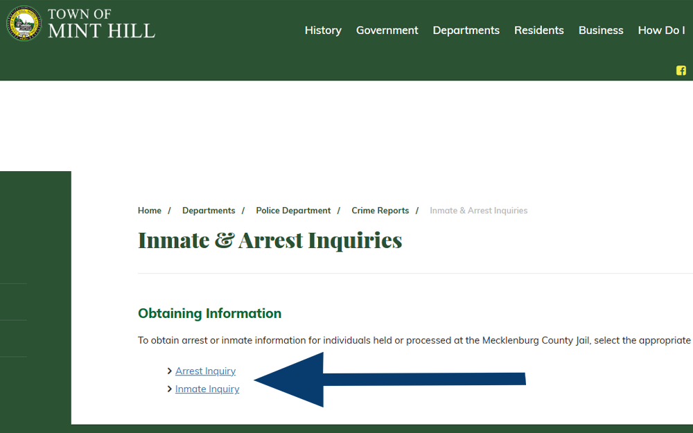 A screenshot from Mint Hill, NC website showing the inmate and arrest inquiries page that displays guide on how to obtain information and links to the search tools.