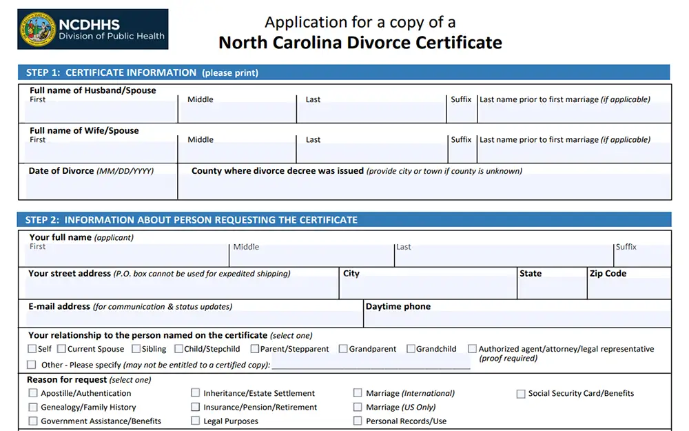 A screenshot from the VitalChek website shows an application form for a copy of a North Carolina divorce certificate, displaying fields for both information about the certificate and information about the person making the request, which are presently blank and will need to be filled in by the user.
