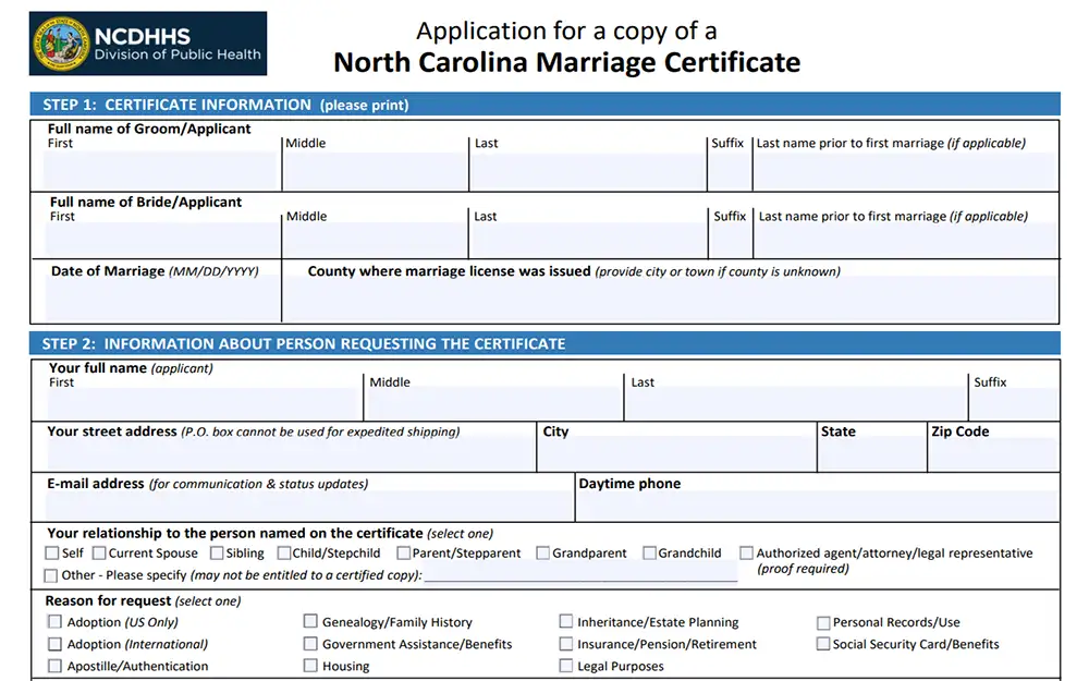 A screenshot from the VitalChek website showing an empty form of an application for a copy of a North Carolina marriage certificate that includes fields for certificate information and information about the person requesting the certificate.