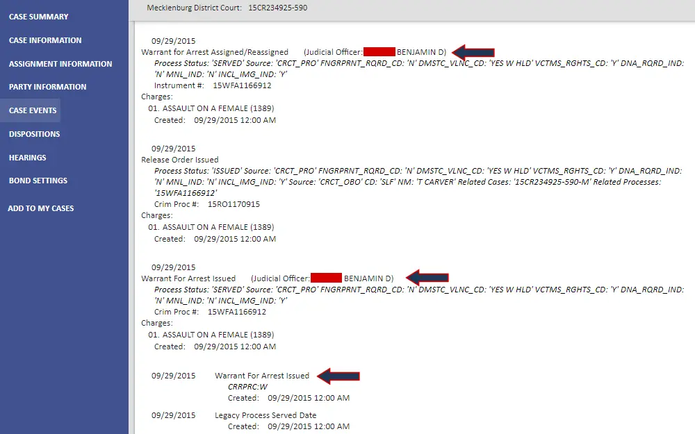 A screenshot of the case events section of the register of actions from the North Carolina eCourts portal, displaying the events that took place including warrant issuance.