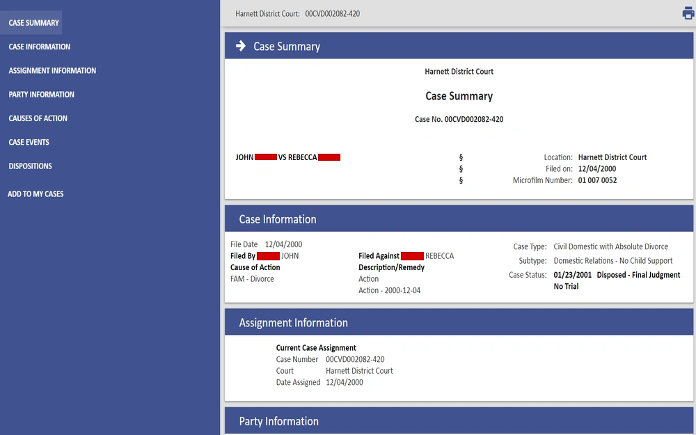 A screenshot from the North Carolina Judicial Branch showing a divorce case summary, including case number, parties involved, file date, type of action, current assignment information, and case status as disposed of with the final judgment in a district court setting.