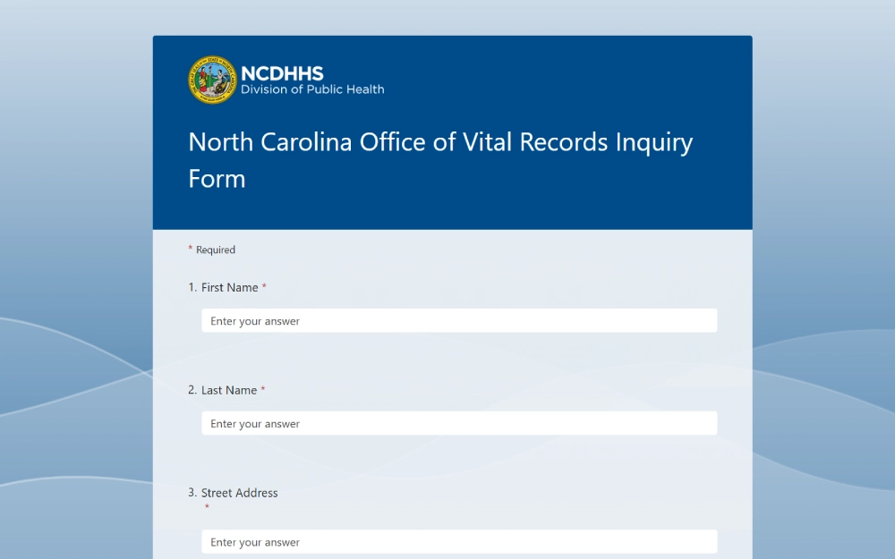 A screenshot of an online form from the North Carolina Department of Health and Human Services for submitting inquiries, with fields for the requester's first name, last name, and street address.